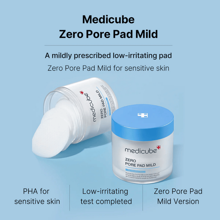 Medicube Zero Pore Pad Mild je posebej zasnovan za občutljivo kožo. Ti pad-i vsebujejo PHA, ki je nežen do kože, in so bili testirani za zmanjšanje draženja. Popoln za vsakodnevno uporabo za čiščenje in vlaženje kože.