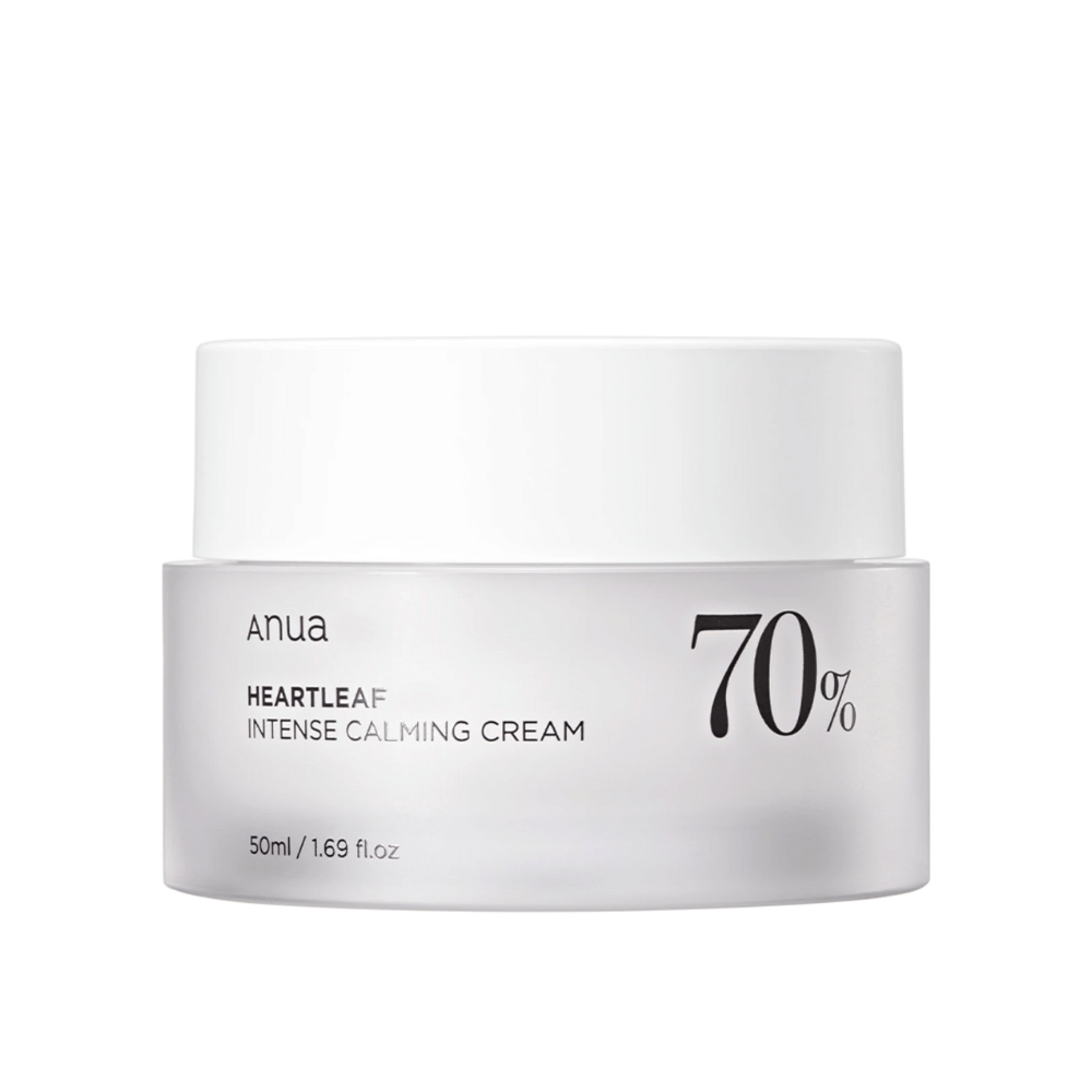 Bela posoda z "Anua Heartleaf Intense Calming Cream" z oznako "70%", označena z volumnom "50ml/1.69 fl.oz."