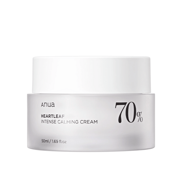 Bela posoda z "Anua Heartleaf Intense Calming Cream" z oznako "70%", označena z volumnom "50ml/1.69 fl.oz."