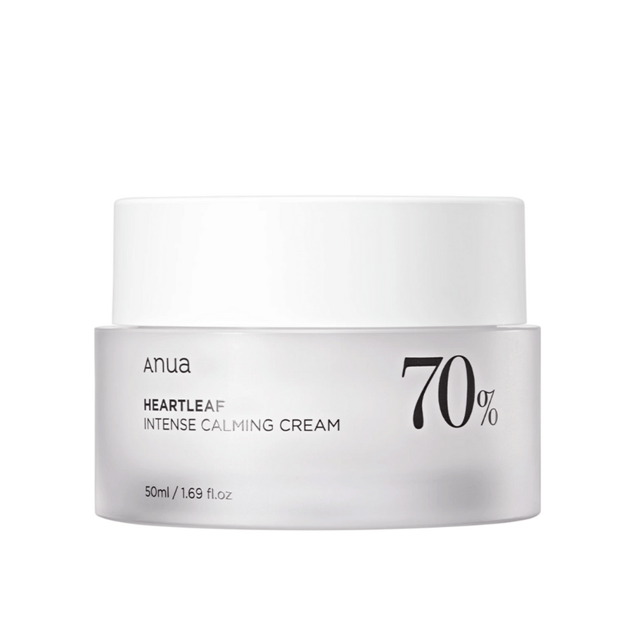 Bela posoda z "Anua Heartleaf Intense Calming Cream" z oznako "70%", označena z volumnom "50ml/1.69 fl.oz."