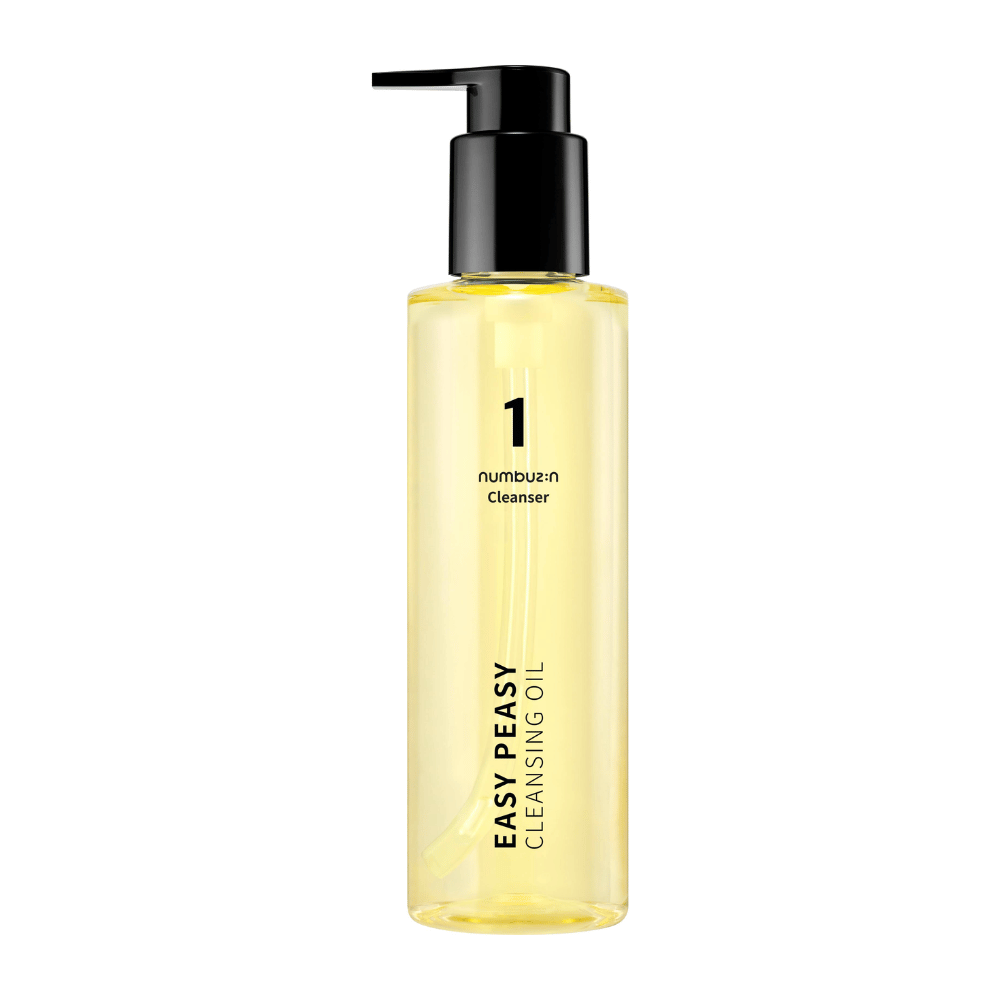 Slika izdelka Numbuzin No.1 Easy Peasy Cleansing Oil, prozorna steklenička s črno kapico na beli podlagi.
