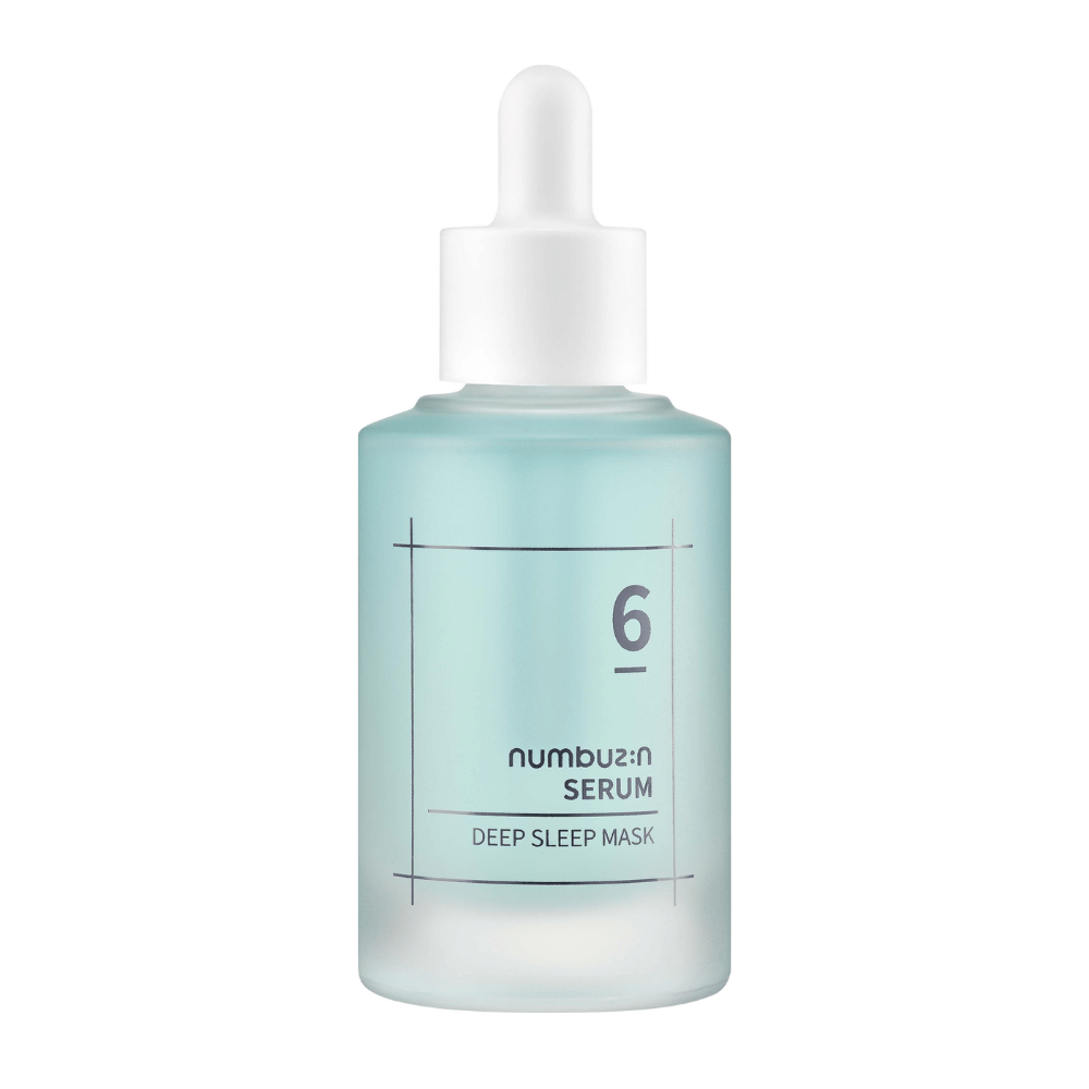 numbuzin No. 6 Deep Sleep Mask Serum v modri zmrznjeni steklenički s pipeto, zasnovan za globinsko vlažilno nego kože.
