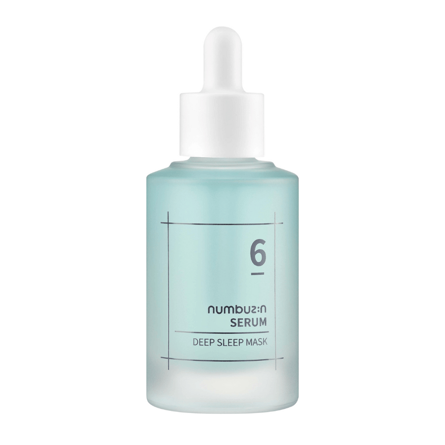 numbuzin No. 6 Deep Sleep Mask Serum v modri zmrznjeni steklenički s pipeto, zasnovan za globinsko vlažilno nego kože.