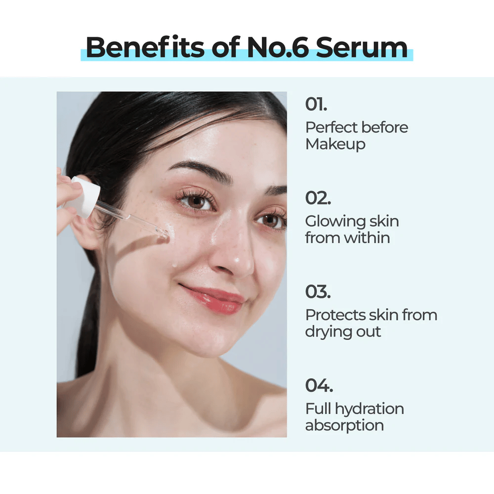 Ženska nanaša numbuzin No. 6 Deep Sleep Mask Serum s pipeto, ki daje sijaj, ščiti pred suhostjo in se popolnoma vpije v kožo.