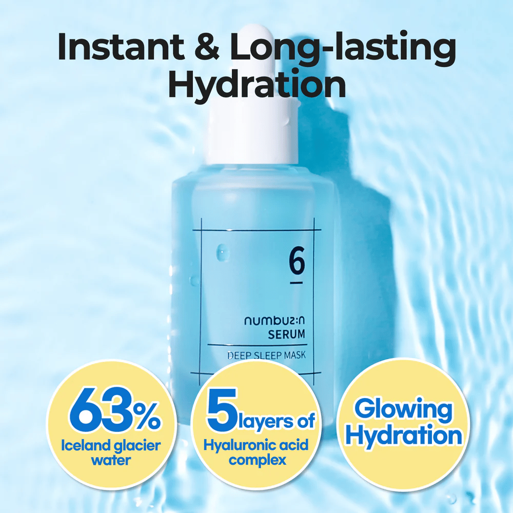 numbuzin No. 6 Deep Sleep Mask Serum s 63% ledeniško vodo in 5 plastmi hialuronske kisline, za intenzivno in dolgotrajno vlaženje.