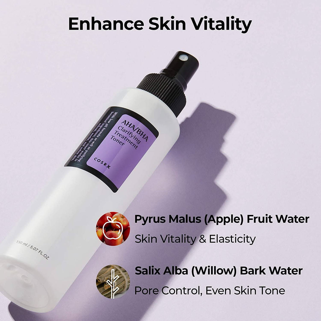 Steklenica COSRX AHA/BHA Clarifying Treatment Toner 150ml, usmerjena proti ogrcem.