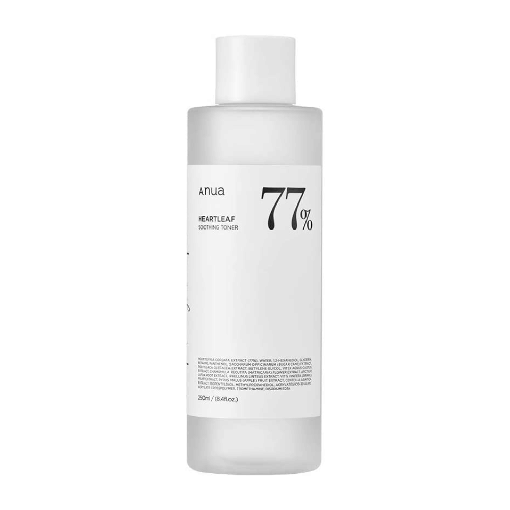 Steklenička Heartleaf 77% Soothing Toner z etiketo Anua, formulirana s pomirjujočim tonikom za občutljivo kožo.