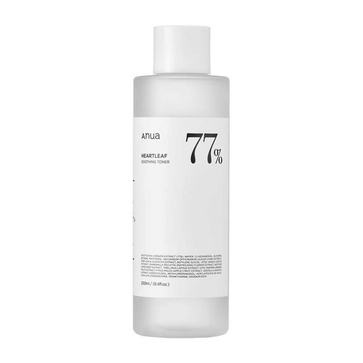 Steklenička Heartleaf 77% Soothing Toner z etiketo Anua, formulirana s pomirjujočim tonikom za občutljivo kožo.