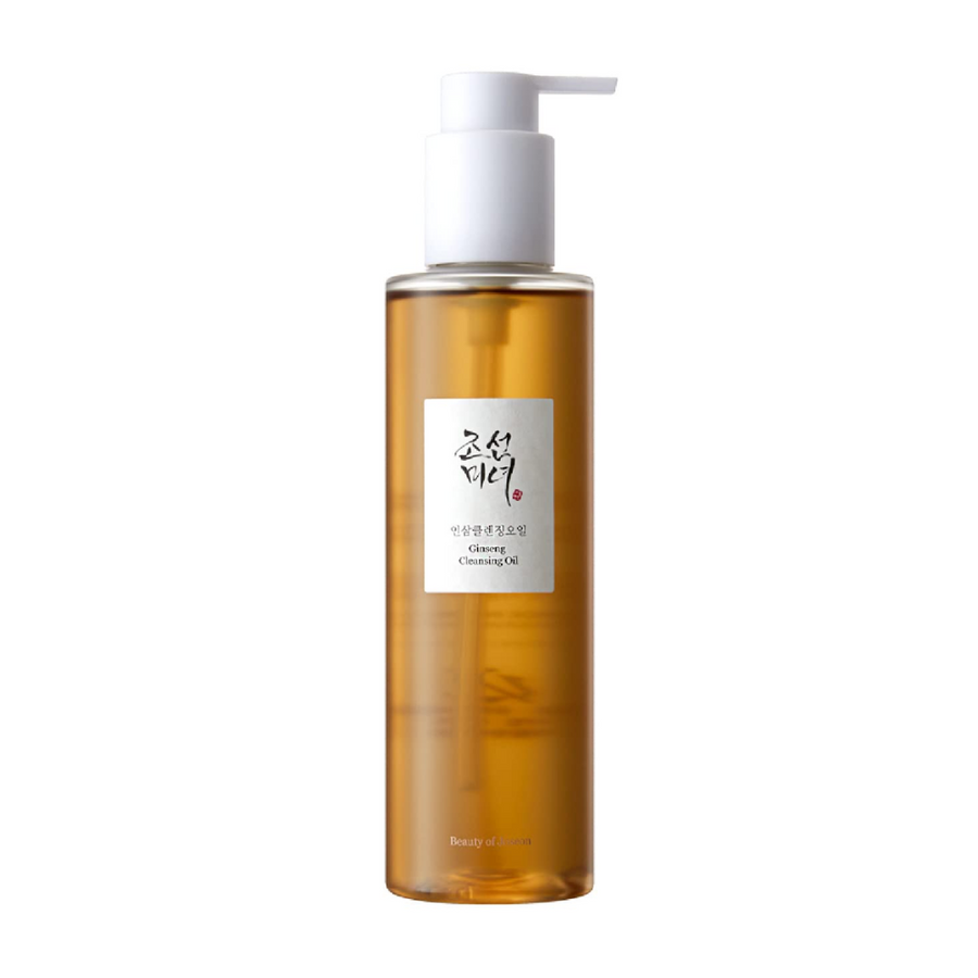 Steklenica Beauty of Joseon Ginseng Cleansing Oil 210ml na beli podlagi, z oljem ginseng semen.