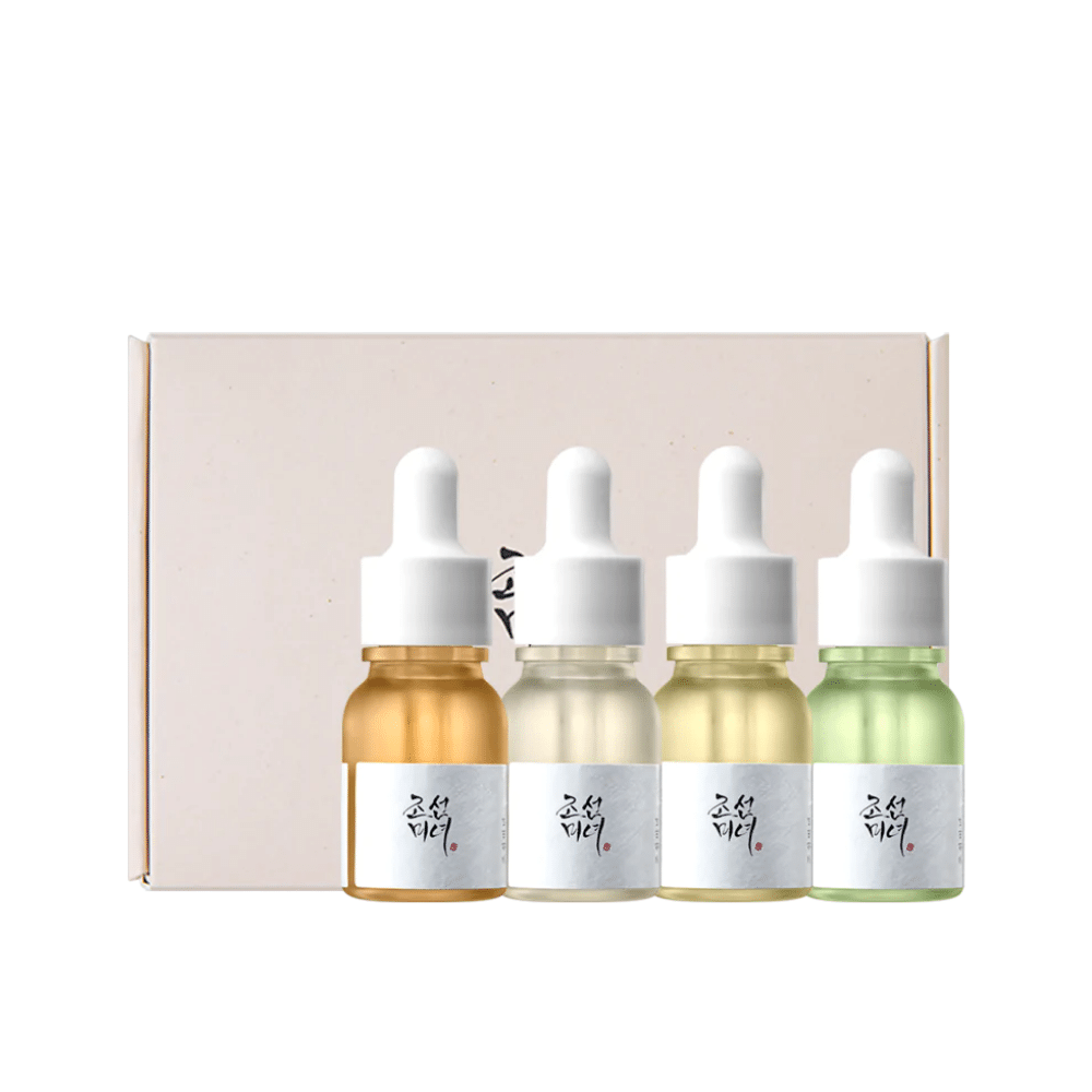 Škatla s tremi steklenicami Hanbang Serum Discovery Kit 4 kos od Beauty of Joseon, ki vsaka spodbuja mladosten sijaj in zmanjšuje gube.