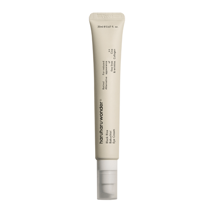 Ena tuba Haruharu Wonder Black Rice Bakuchiol Eye Cream 20ml na beli podlagi za zmanjšanje vidnosti drobnih linij in gub.