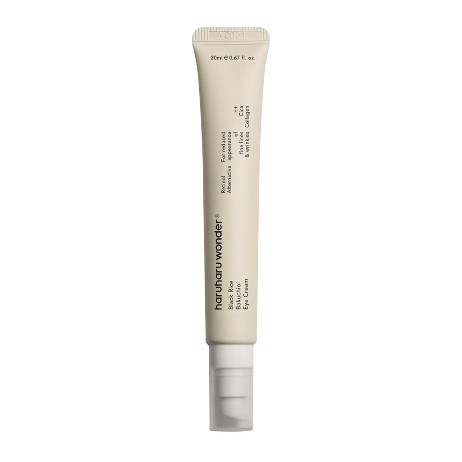 Ena tuba Haruharu Wonder Black Rice Bakuchiol Eye Cream 20ml na beli podlagi za zmanjšanje vidnosti drobnih linij in gub.