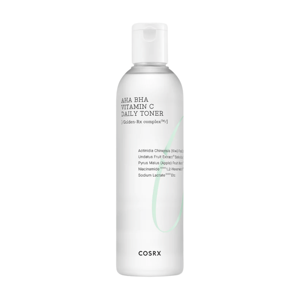 Steklenička COSRX Refresh AHA BHA Vitamin C Daily Toner 150ml na beli podlagi.