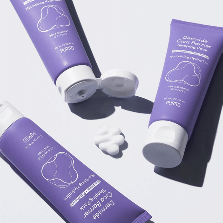 Dve tubi PURITO Dermide Cica Barrier Sleeping Pack 80ml na beli površini.