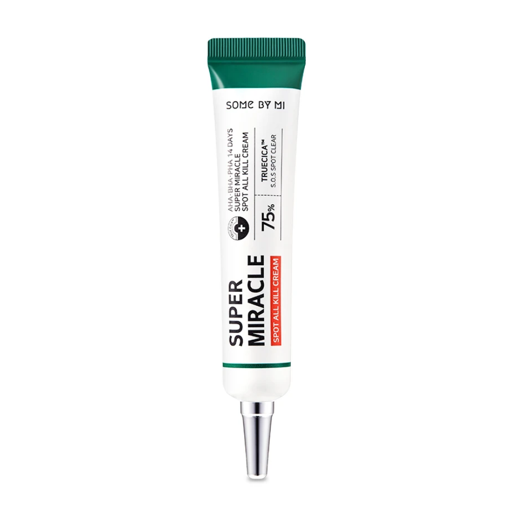 Ena tuba AHA, BHA, PHA 14 Days Super Miracle Spot All Kill Cream 30ml iz SOME BY MI z AHA, BHA & PHA na beli podlagi.