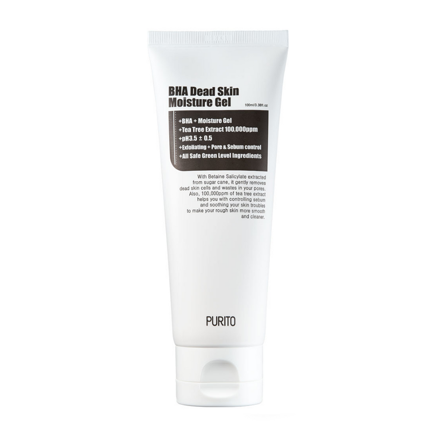 Ena tuba PURITO BHA Dead Skin Moisture Gel 100ml na beli podlagi.