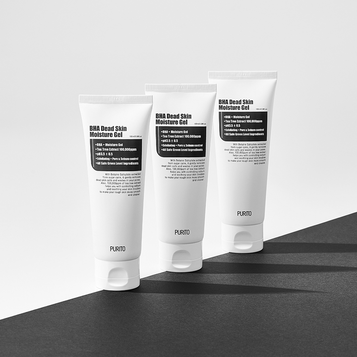 Tri tube PURITO BHA Dead Skin Moisture Gel 100ml, ki vsebujejo čajevec in aloe vero, na črni površini.