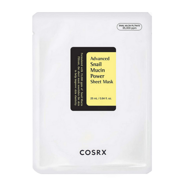 COSRX Advanced Snail Mucin Power Sheet Mask v beli embalaži s črno in rumeno etiketo, obogatena s 35.000 ppm polžjega izločka za vlaženje, obnovo in izboljšano elastičnost kože.