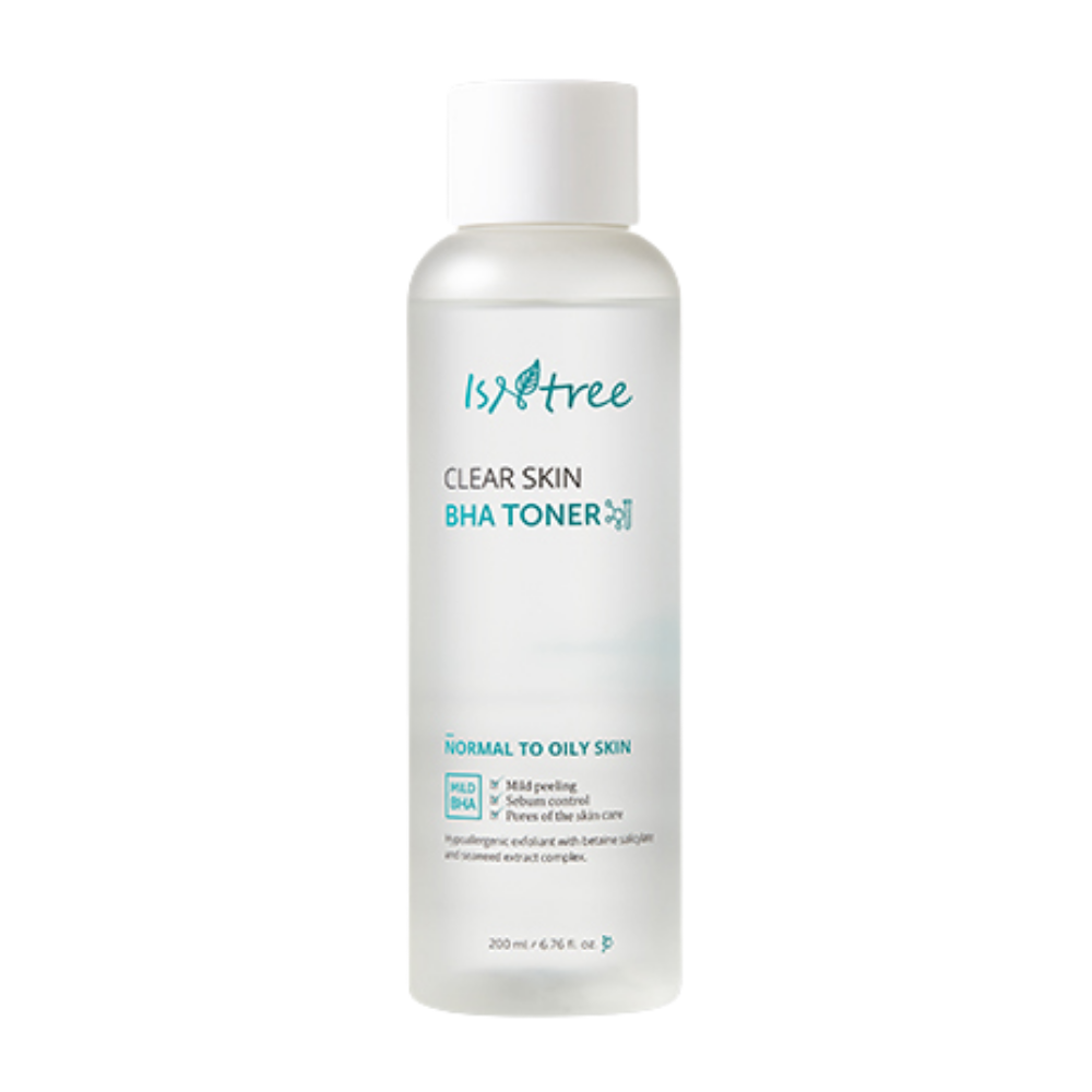 Steklenica Isntree Clear Skin BHA Toner 200ml na beli podlagi.