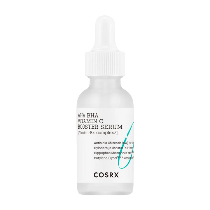 COSRX Refresh AHA BHA Vitamin C Booster Serum z AHA, BHA in vitaminom C, fotografiran na beli podlagi.