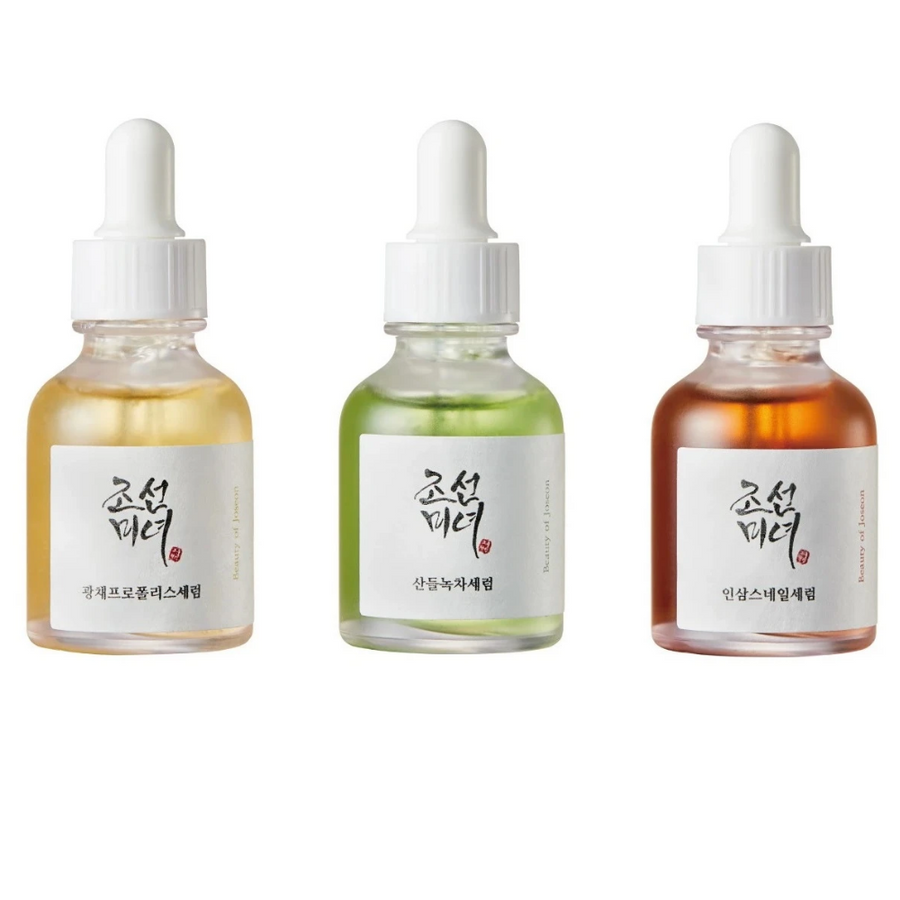 Beauty of Joseon's Hanbang Trio 3 st negovalnih serumov pomaga pri težavah s kožo.