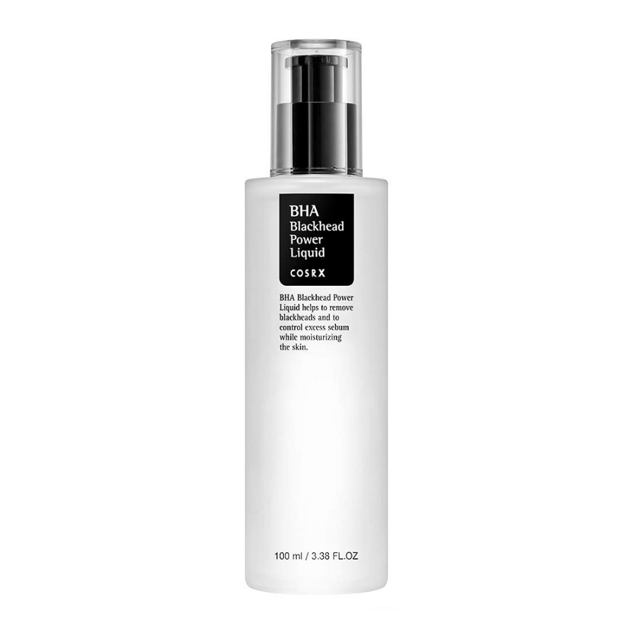 Steklenica COSRX BHA Blackhead Power Liquid 100ml na beli podlagi.