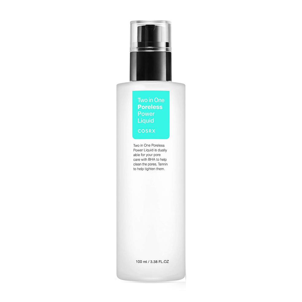 Steklenica COSRX Two In One Poreless Power Liquid 100ml, zasnovana za mastno kožo, prikazana na beli podlagi.