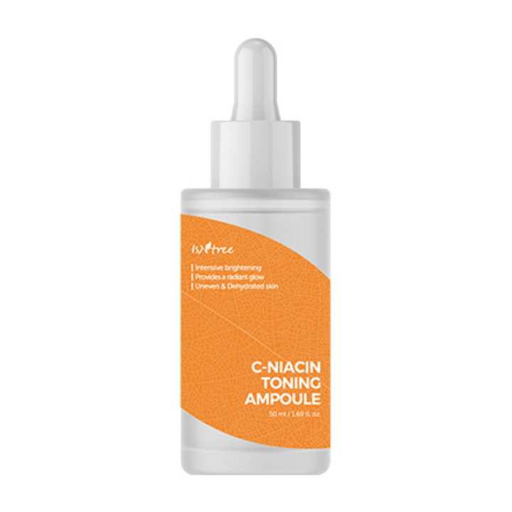 Steklenička Isntree C-Niacin Toning Ampoule 50ml z 69% izvlečkom rakitovca na beli podlagi.