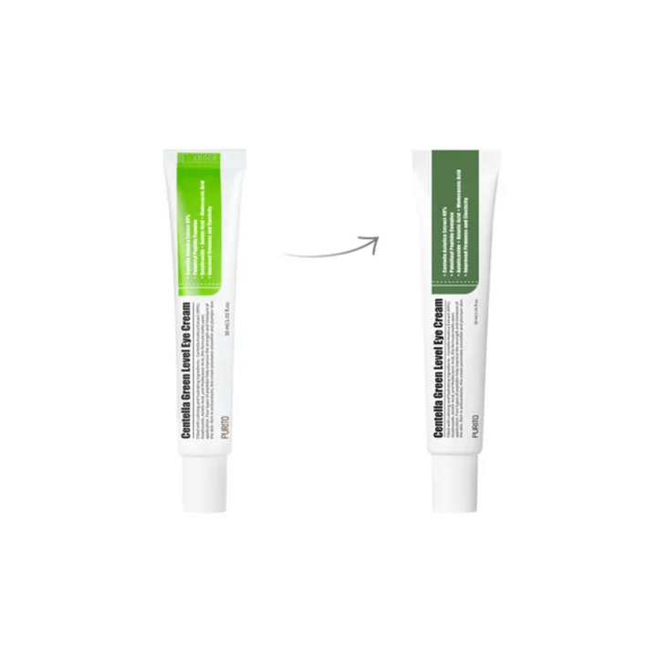 Centella Green Level Eye Cream 30 ml tuba na beli podlagi, ki poudarja zmanjšanje gub.