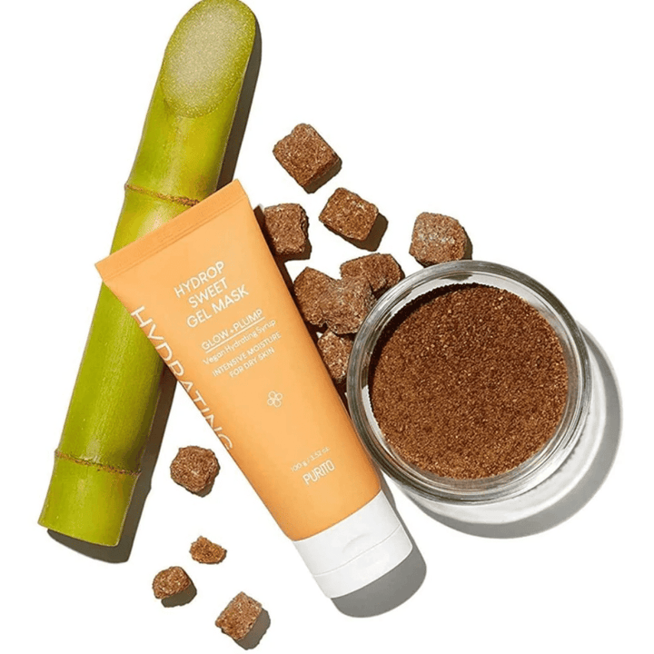 Ena Hydrop Sweet Gel Mask 100g od PURITO, ki vsebuje eno tubo brezsončnega tannerja in eno tubo kokosovega olja, oba z lastnostmi za izboljšanje teksture kože in vlaženje, vse zapakirano v