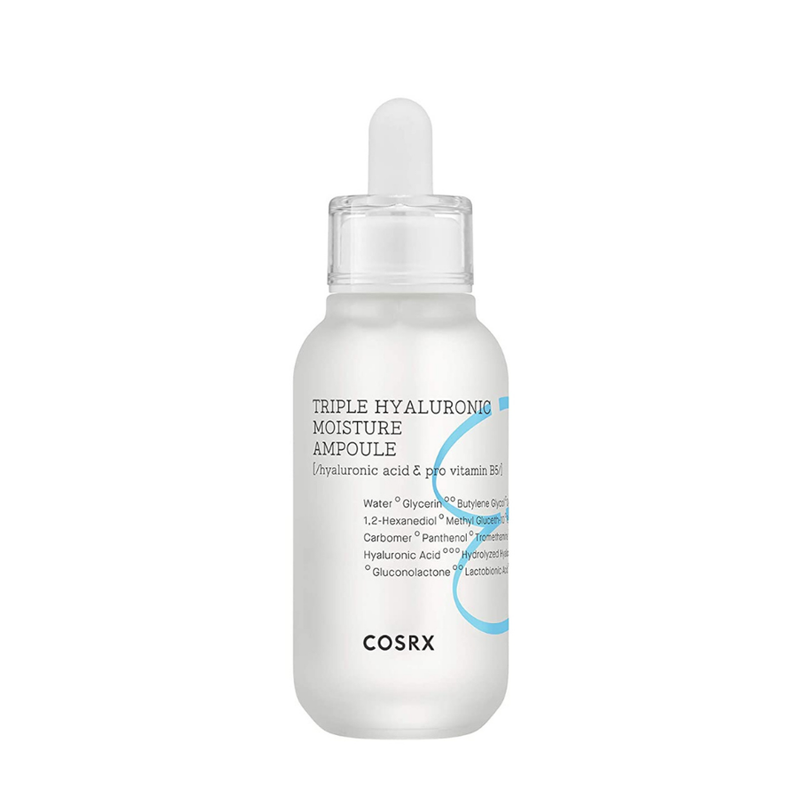 Steklenička COSRX Triple Hyaluronic Moisture Ampoule 40ml z modro tekočino na belem ozadju.