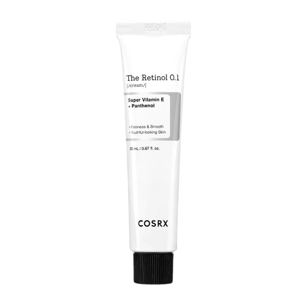 Ena tuba COSRX Retinol 0.1 Cream 20ml na beli podlagi.